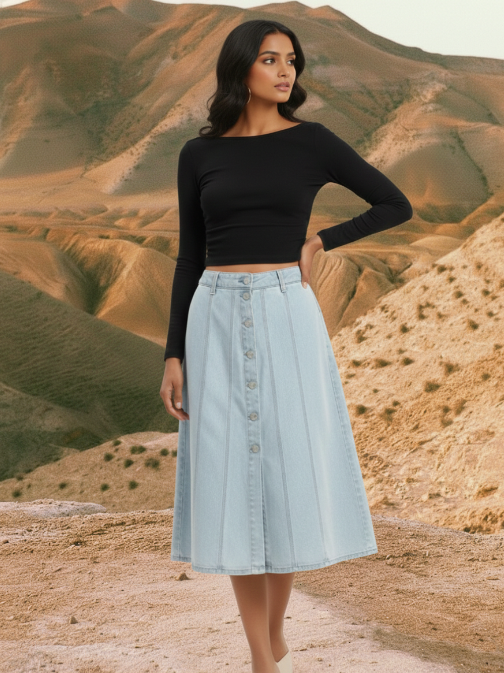Women Blue A-Line Denim Midi Skirt