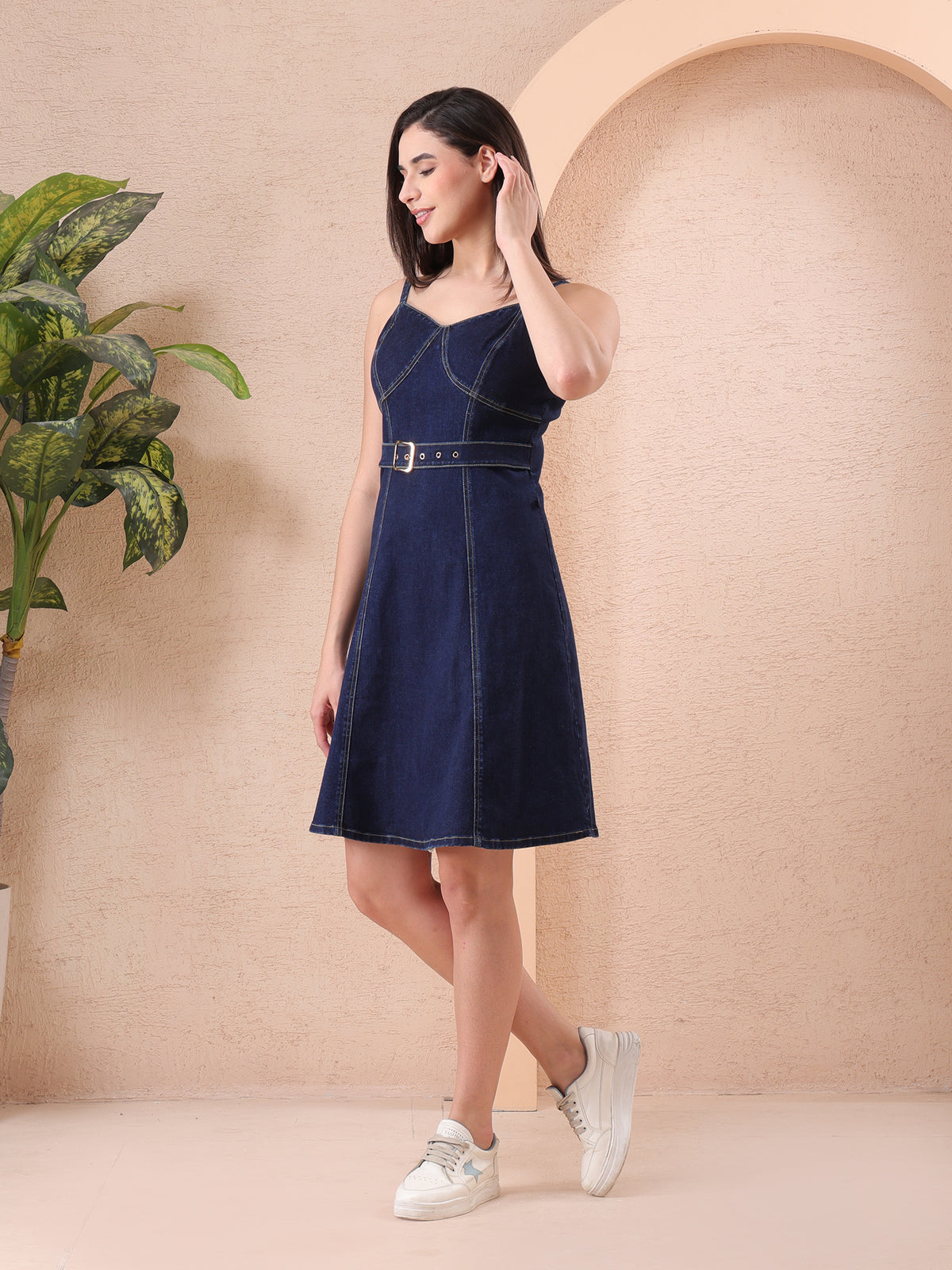 Women’s Blue Denim A-Line Dress with Belt