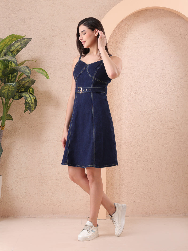 Women’s Blue Denim A-Line Dress with Belt