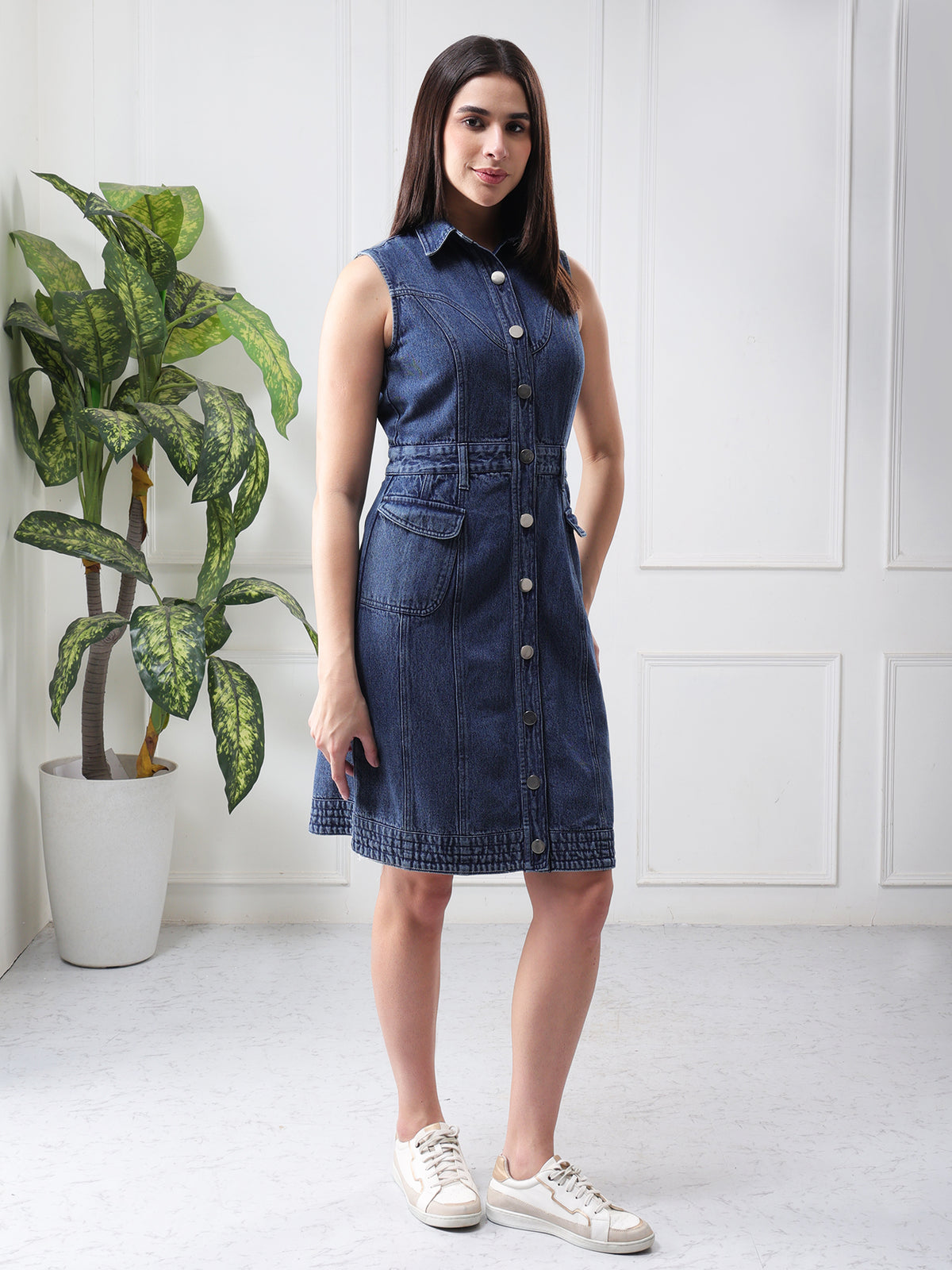 Women Blue Denim Sleeveless Shirt Dress with Button Closure