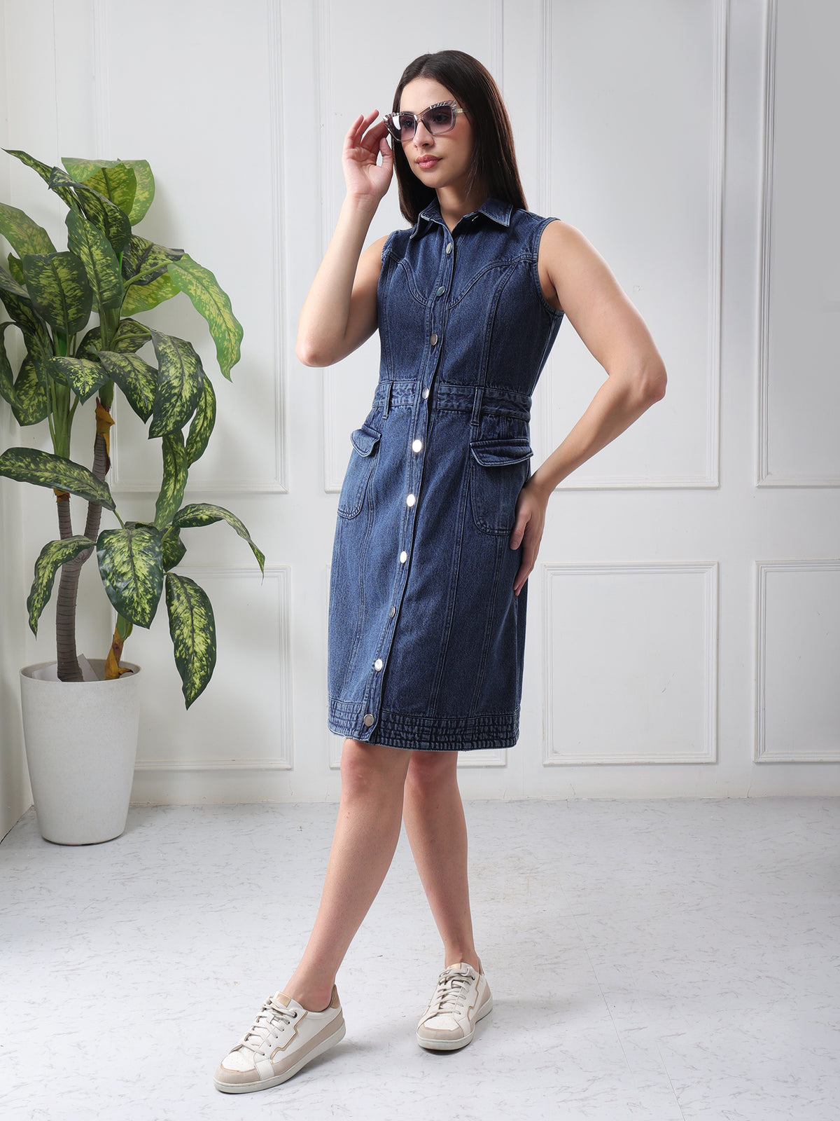 Women Blue Denim Sleeveless Shirt Dress with Button Closure