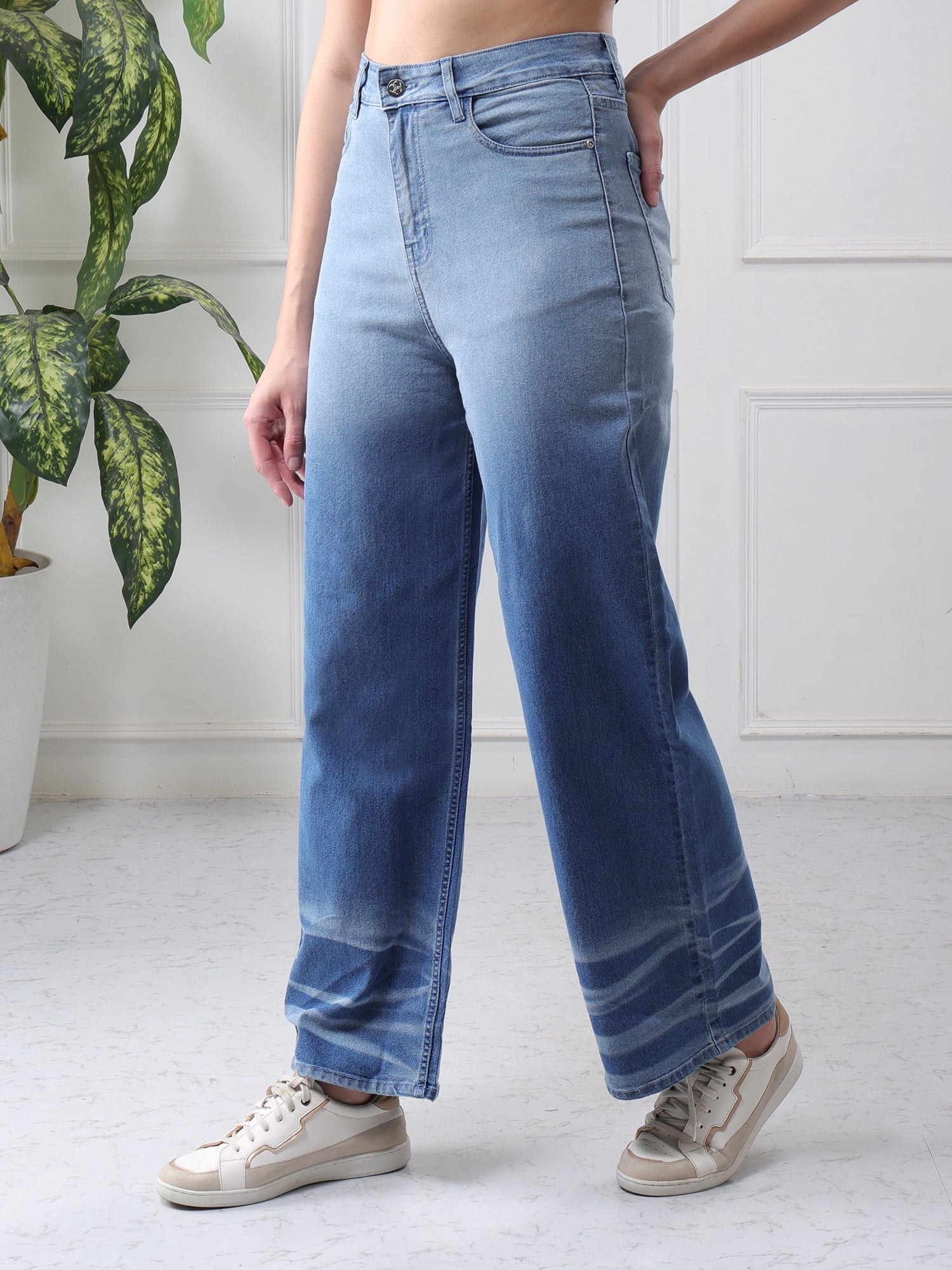 Women’s Blue Mid-Rise Wide Leg Jeans with Whisker Wash Detail