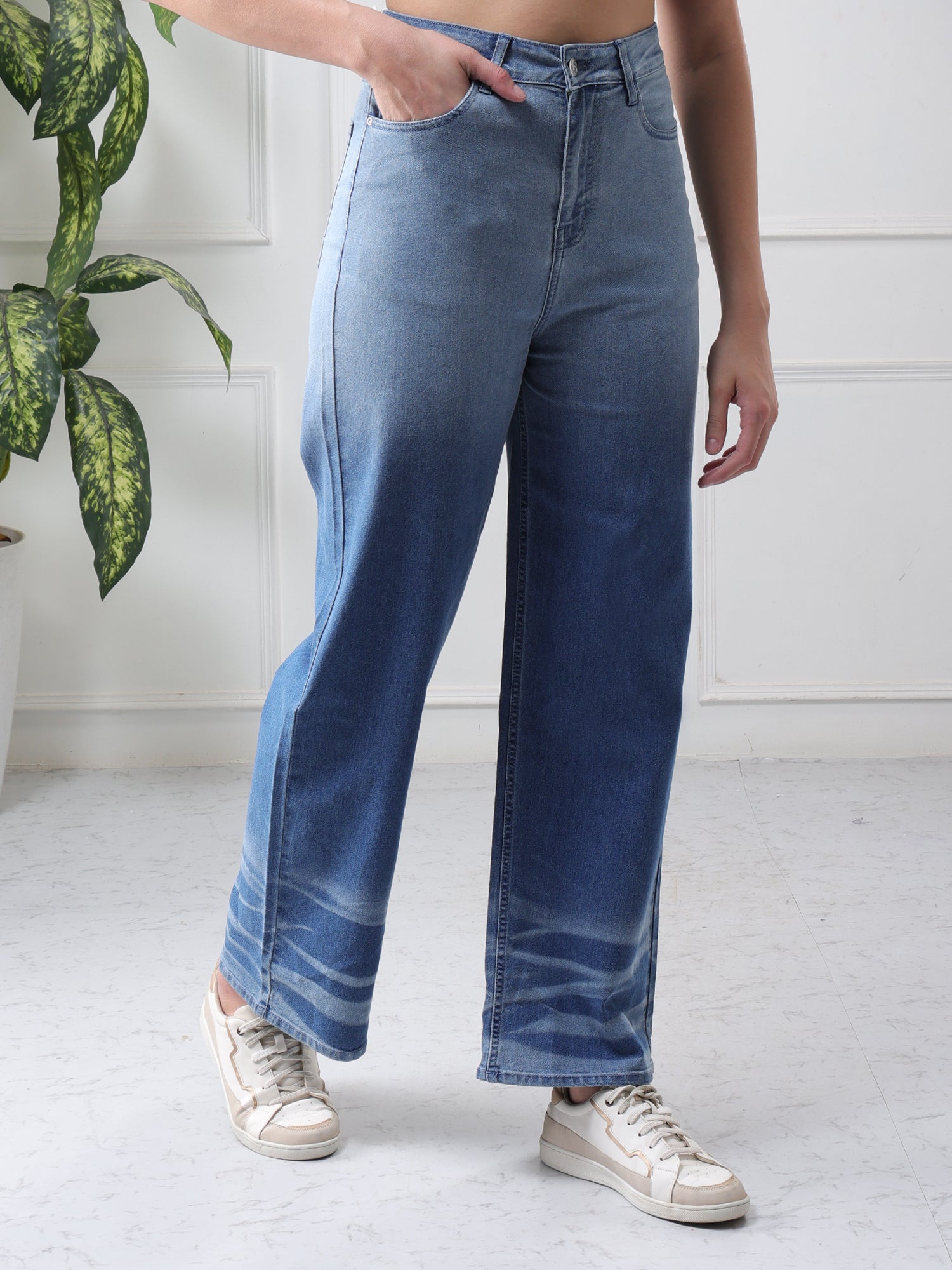 Women’s Blue Mid-Rise Wide Leg Jeans with Whisker Wash Detail