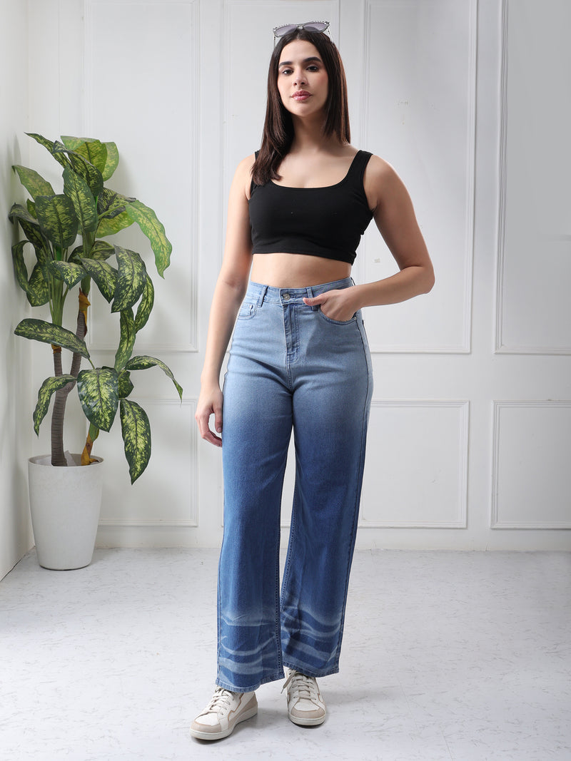 Women’s Blue Mid-Rise Wide Leg Jeans with Whisker Wash Detail