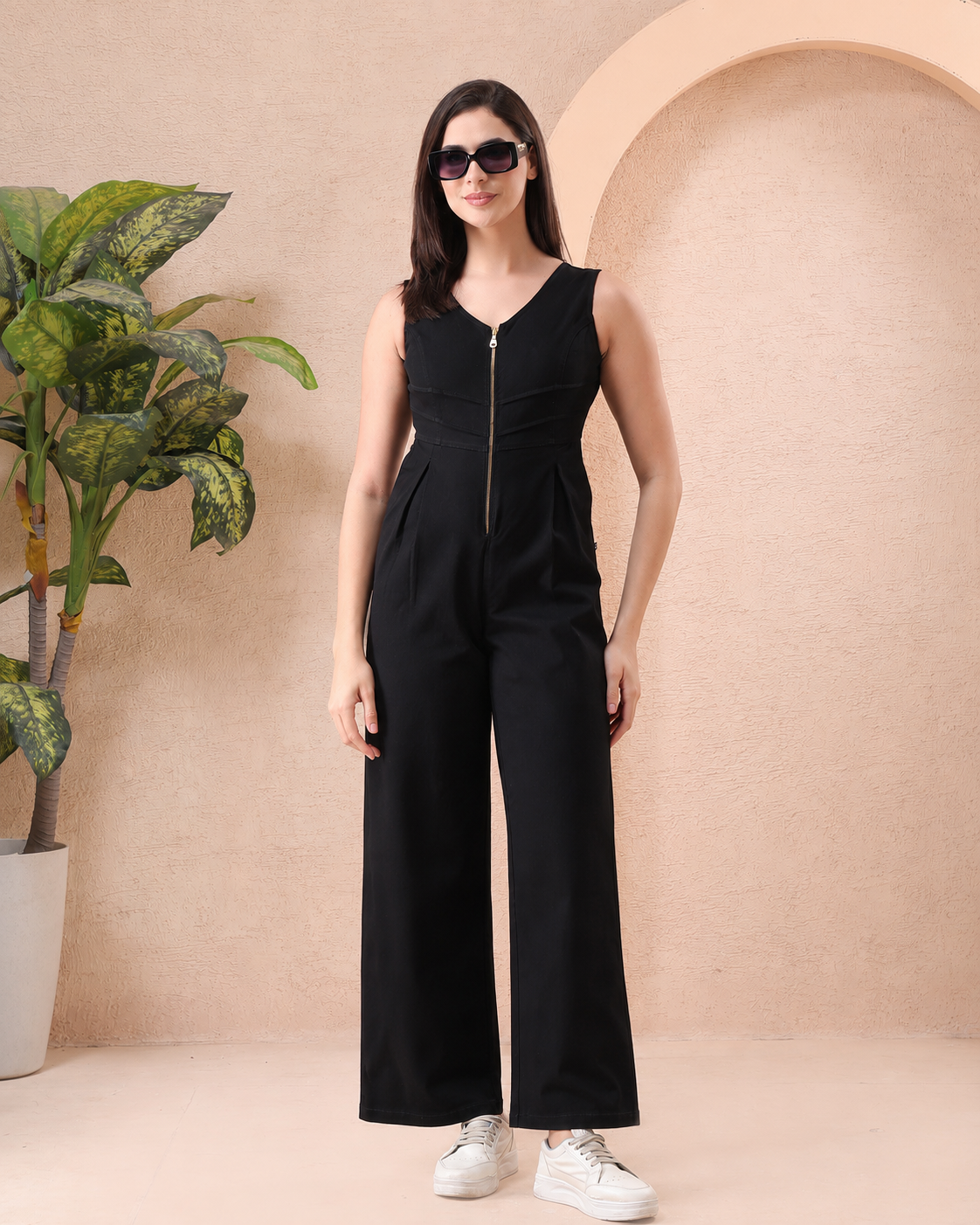 Women’s Black Sleeveless V-Neck Wide Leg Jumpsuit