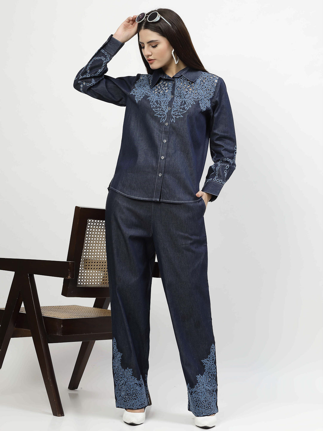 Denim Elegance Co-Ord Set - Fusion of Cutwork And Casual Charm - Cosmic Trio