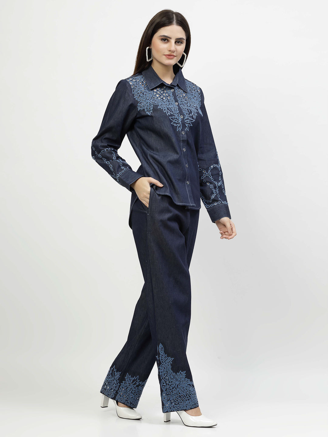 Denim Elegance Co-Ord Set - Fusion of Cutwork And Casual Charm - Cosmic Trio