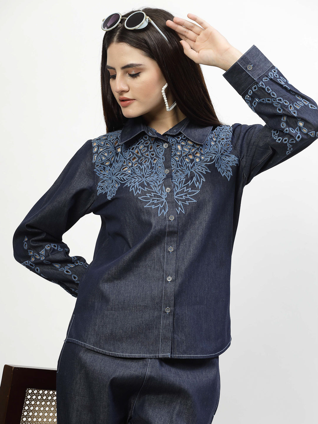 Denim Elegance Co-Ord Set - Fusion of Cutwork And Casual Charm - Cosmic Trio
