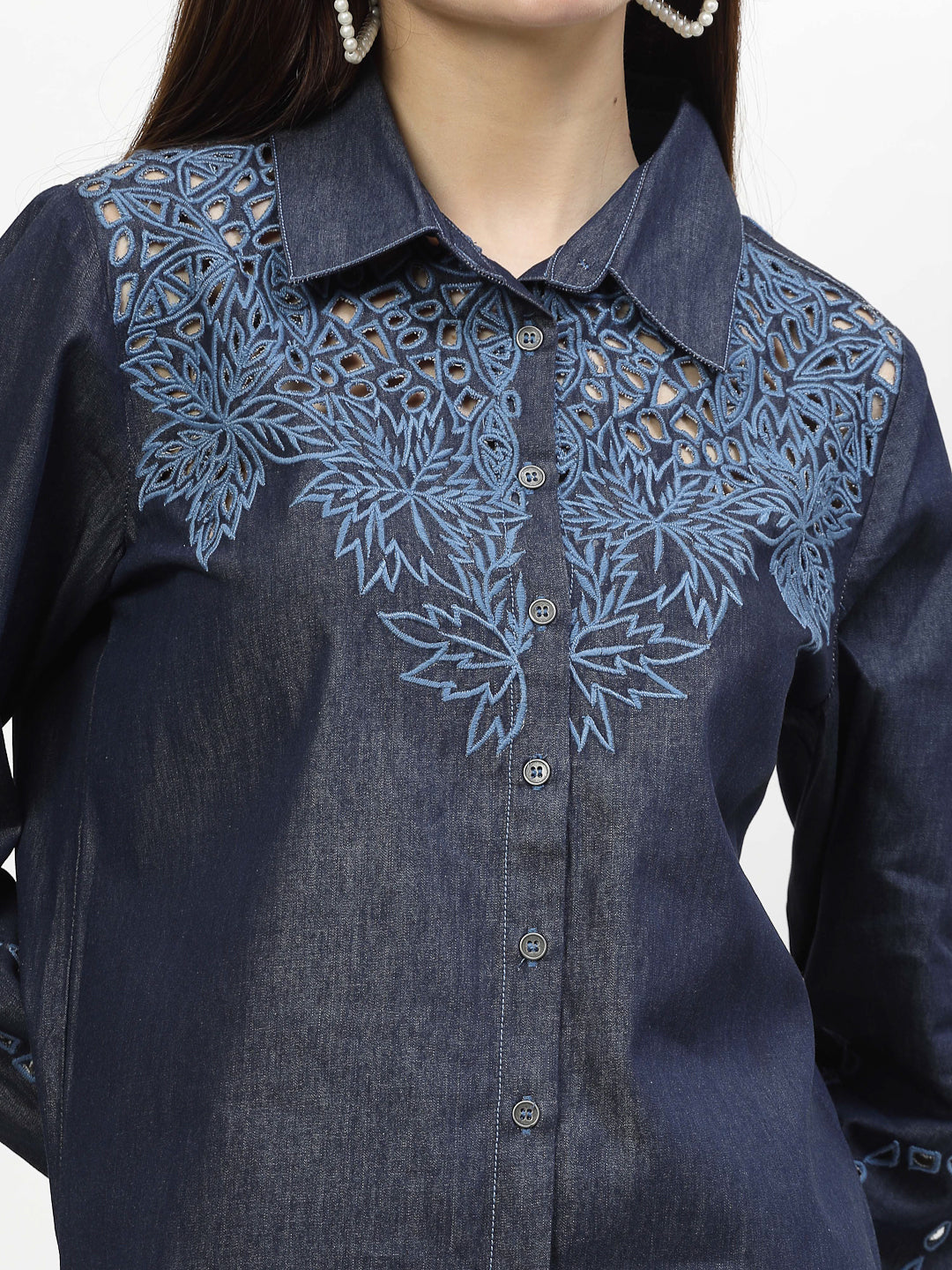 Denim Elegance Co-Ord Set - Fusion of Cutwork And Casual Charm - Cosmic Trio