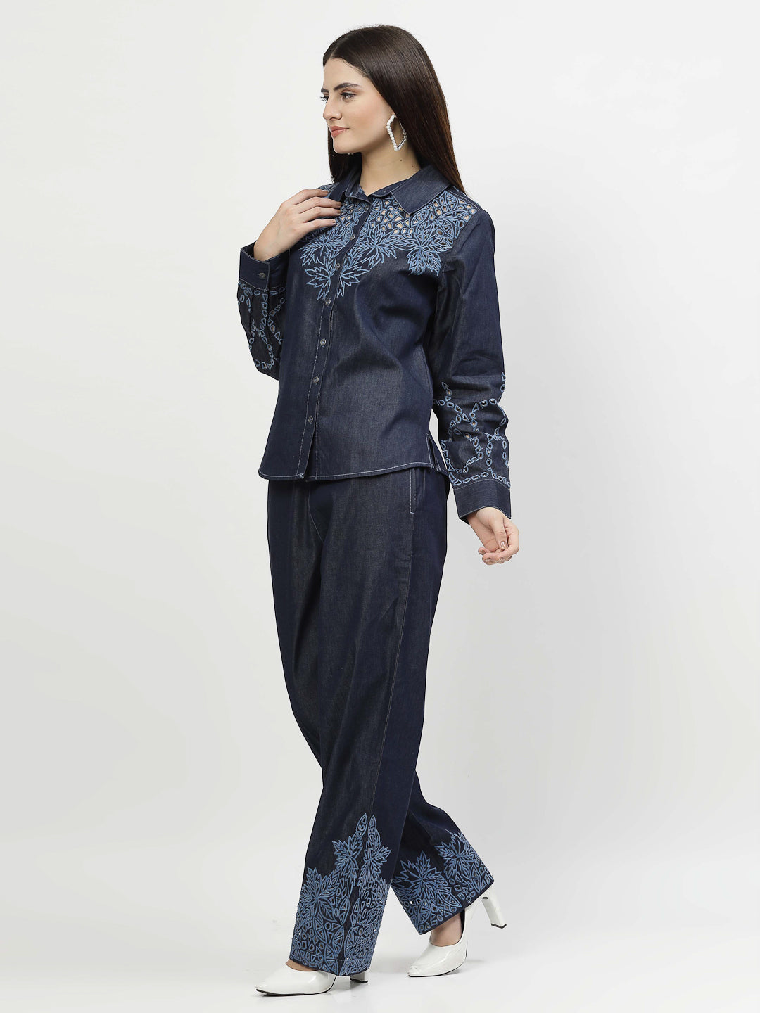 Denim Elegance Co-Ord Set - Fusion of Cutwork And Casual Charm - Cosmic Trio