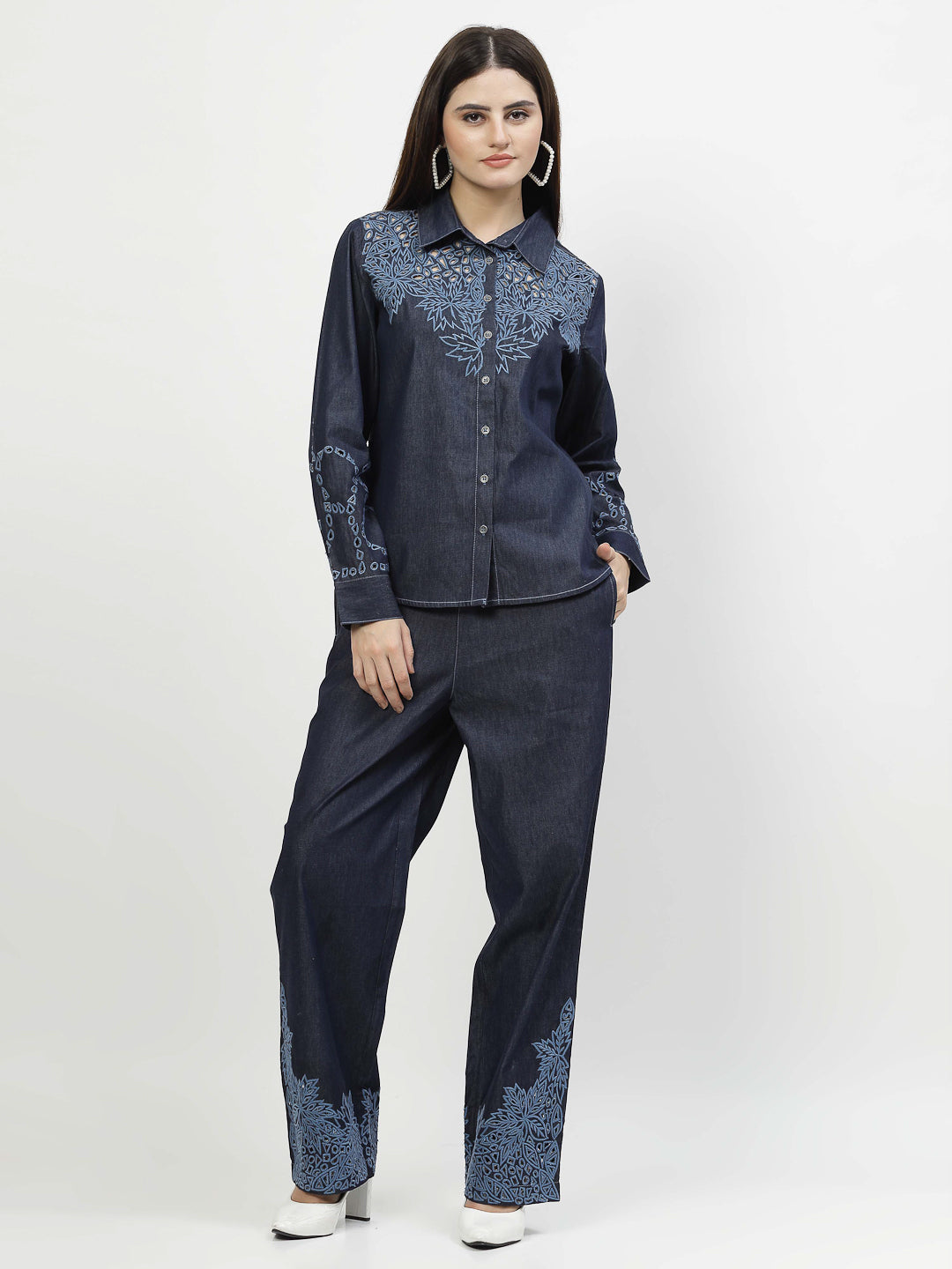 Denim Elegance Co-Ord Set - Fusion of Cutwork And Casual Charm - Cosmic Trio