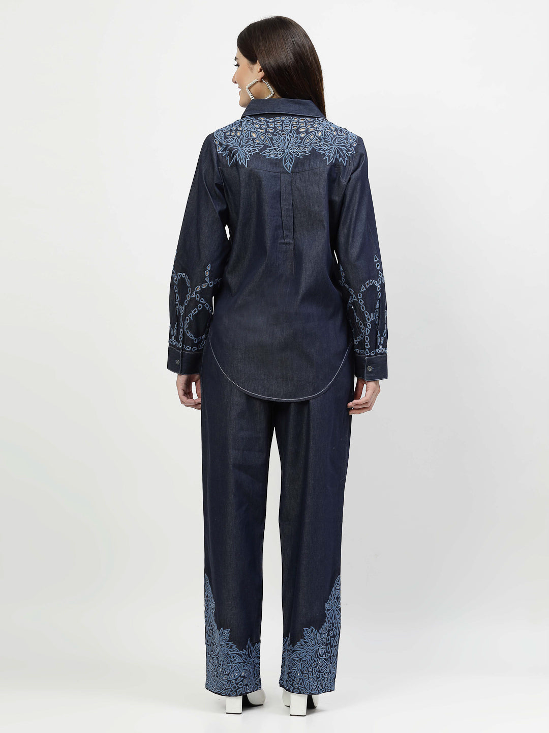 Denim Elegance Co-Ord Set - Fusion of Cutwork And Casual Charm - Cosmic Trio