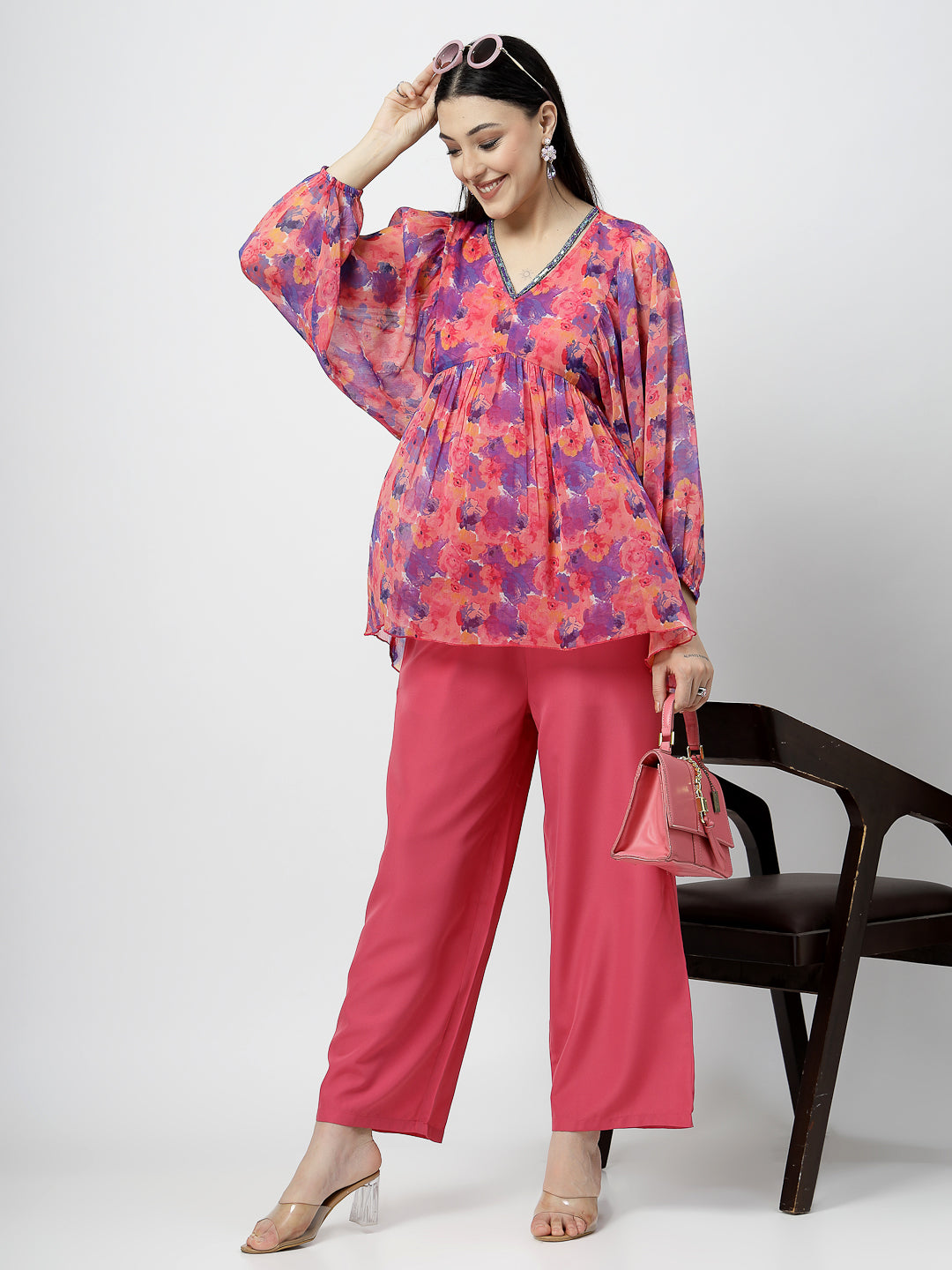 V-Neck Printed Kimono Chiffon Top with Poly Crape Straight Pant - Cosmic Trio