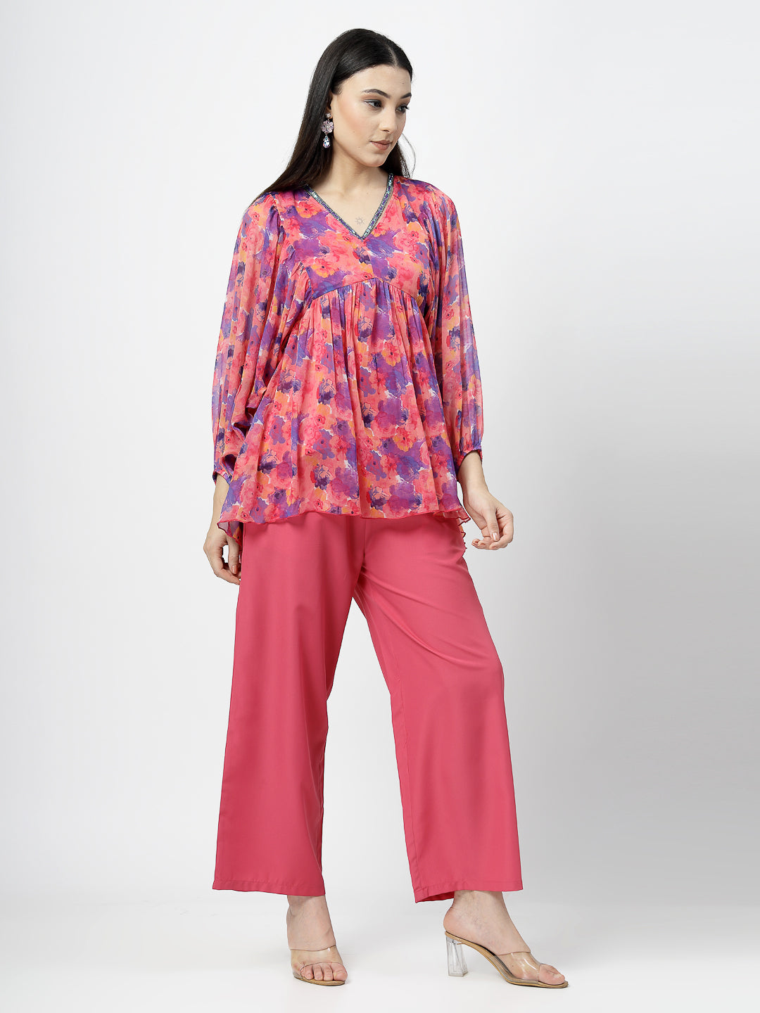 V-Neck Printed Kimono Chiffon Top with Poly Crape Straight Pant - Cosmic Trio