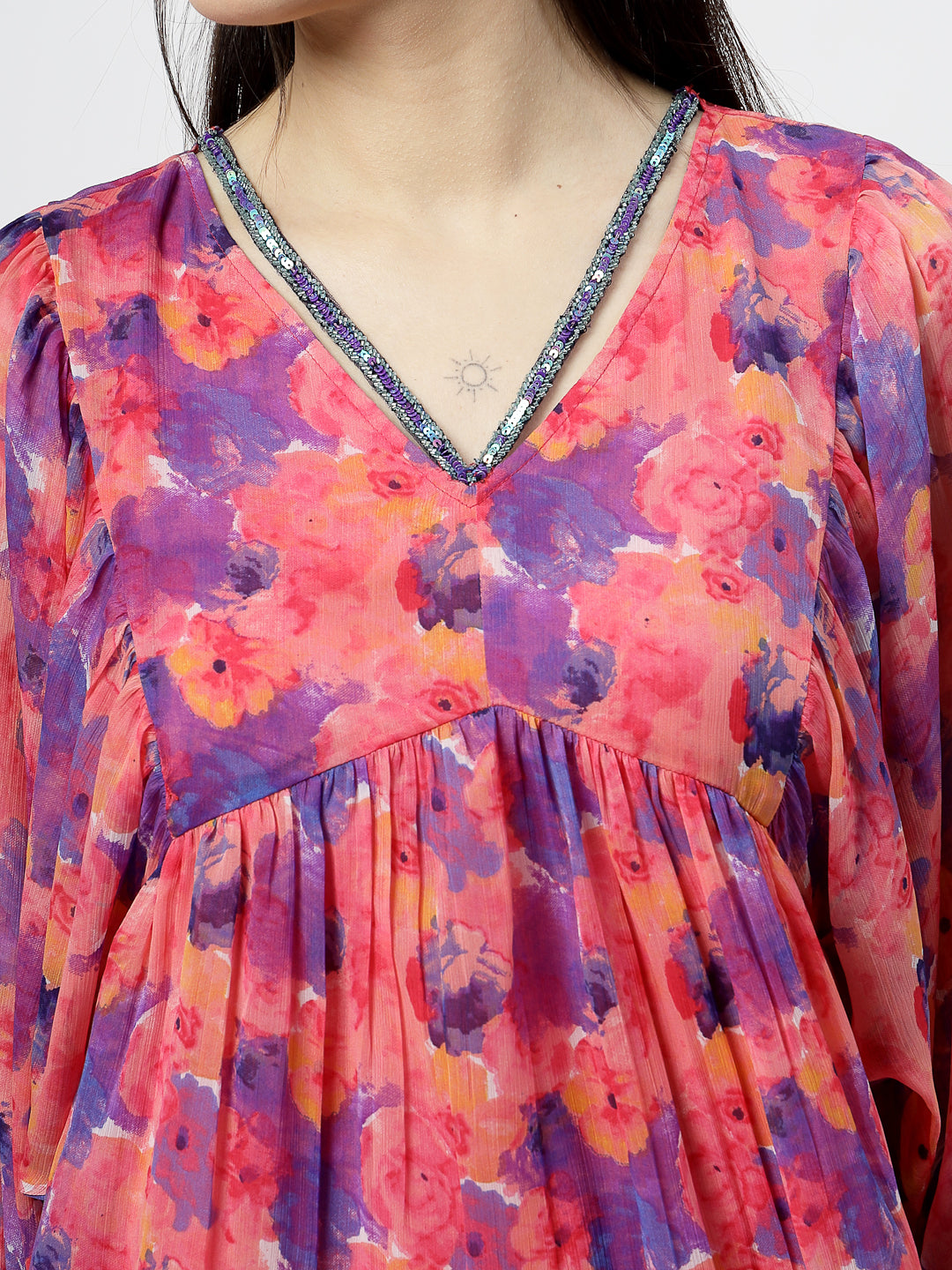 V-Neck Printed Kimono Chiffon Top with Poly Crape Straight Pant - Cosmic Trio