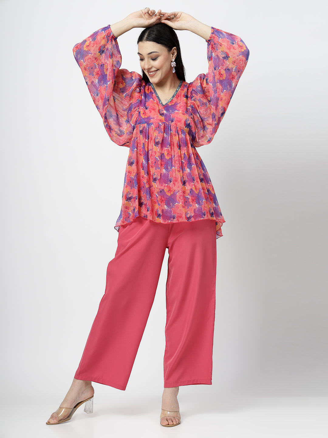 V-Neck Printed Kimono Chiffon Top with Poly Crape Straight Pant - Cosmic Trio