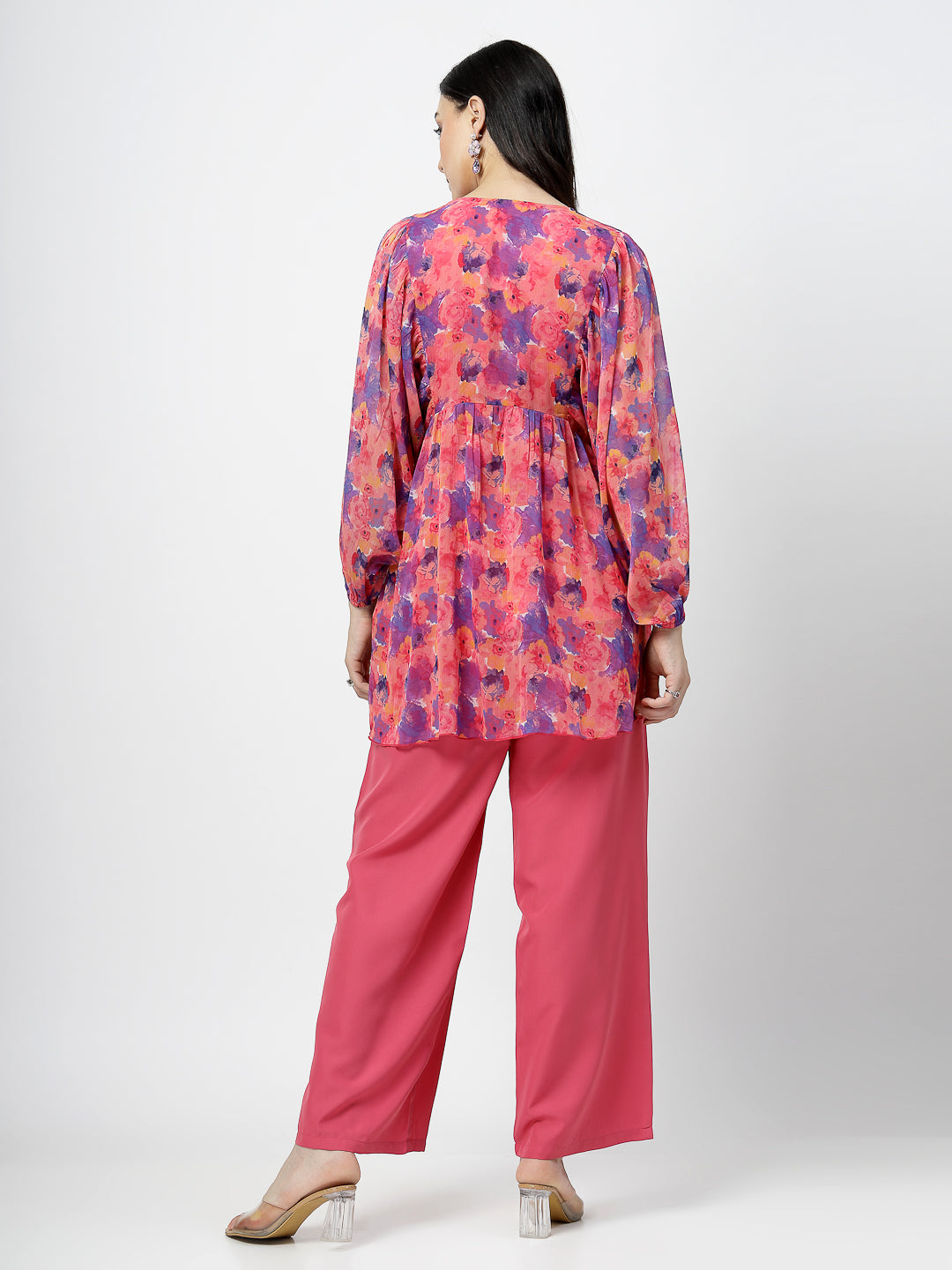 V-Neck Printed Kimono Chiffon Top with Poly Crape Straight Pant - Cosmic Trio