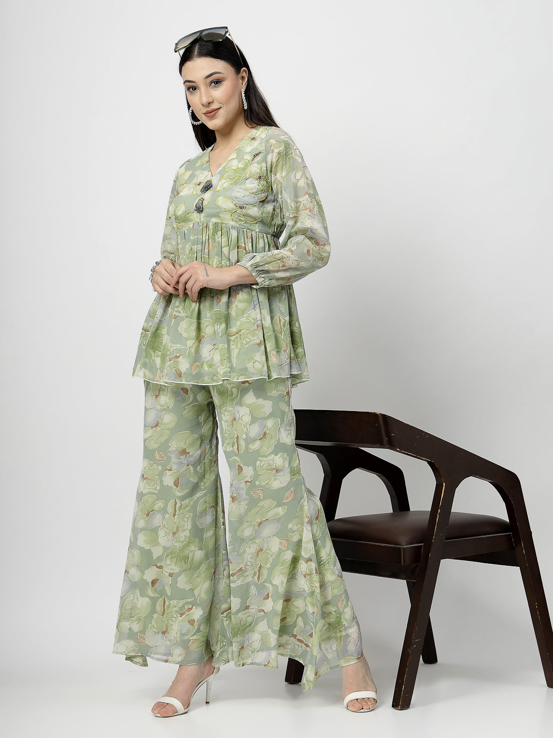 Olive Green Printed Peplum Top & Flared Pants Set - Cosmic Trio