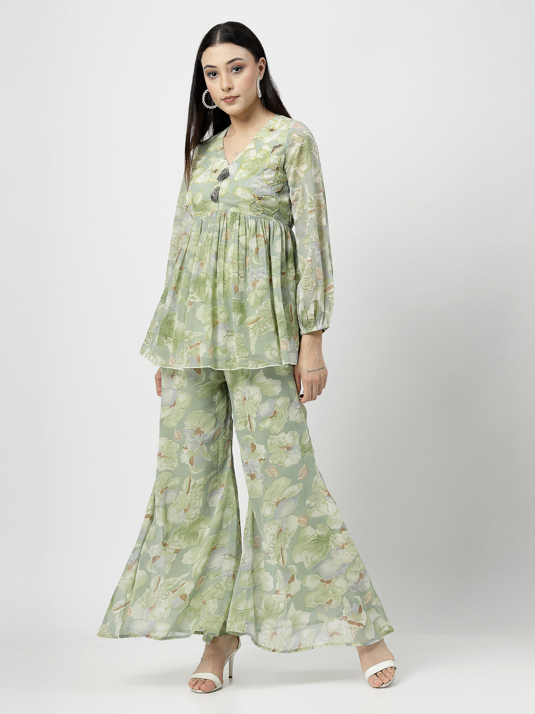 Olive Green Printed Peplum Top & Flared Pants Set - Cosmic Trio