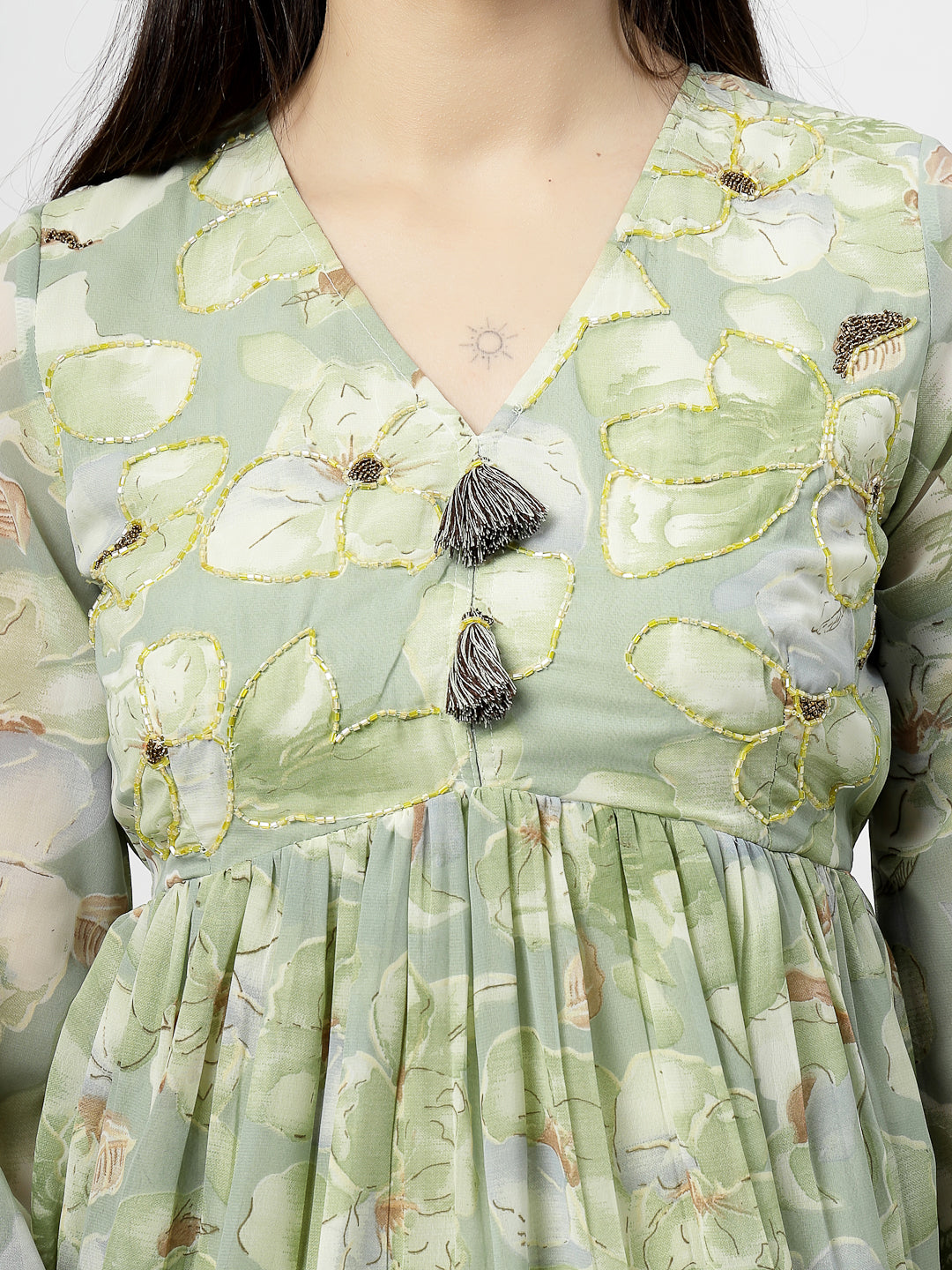 Olive Green Printed Peplum Top & Flared Pants Set - Cosmic Trio