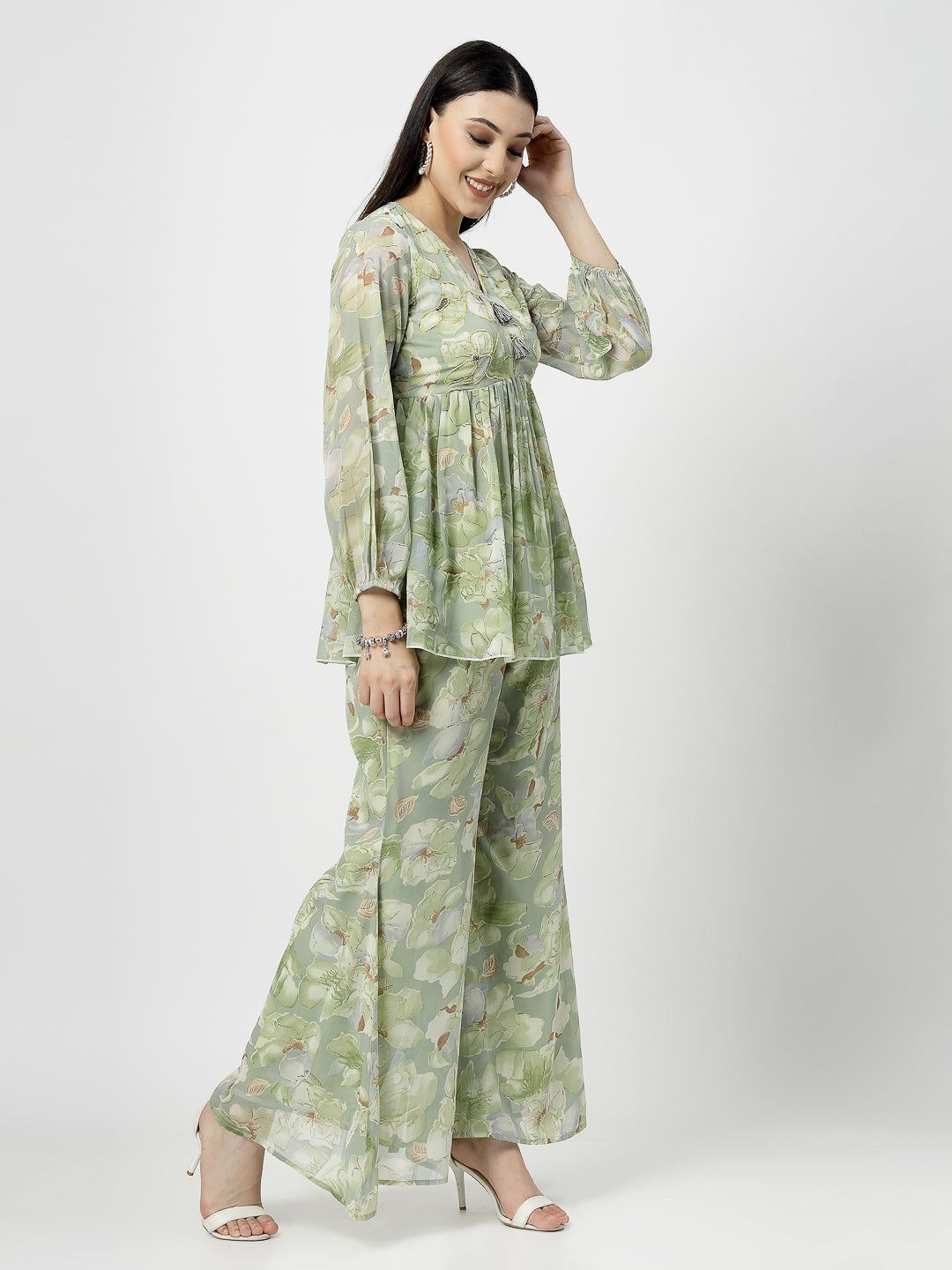 Olive Green Printed Peplum Top & Flared Pants Set - Cosmic Trio