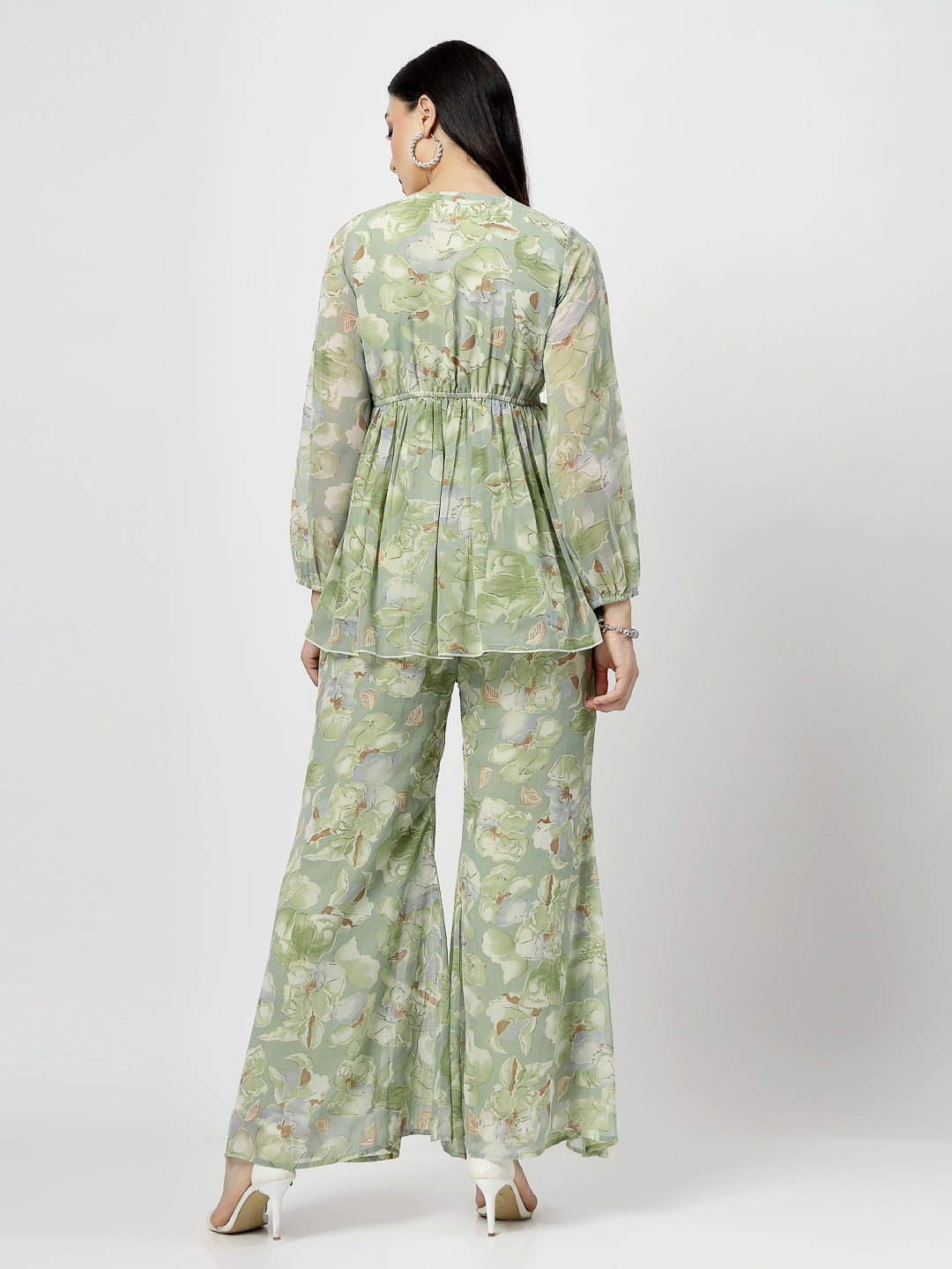 Olive Green Printed Peplum Top & Flared Pants Set - Cosmic Trio