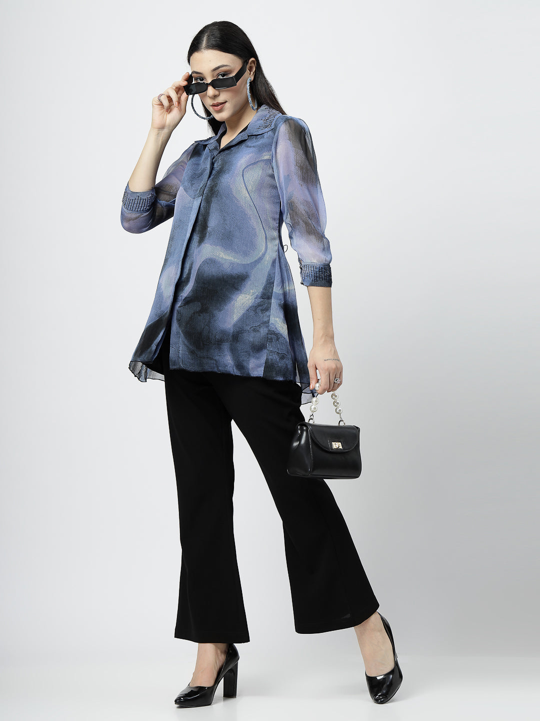 Elegant Embellished Shirt with Classic Black Bootcut Pants - Cosmic Trio