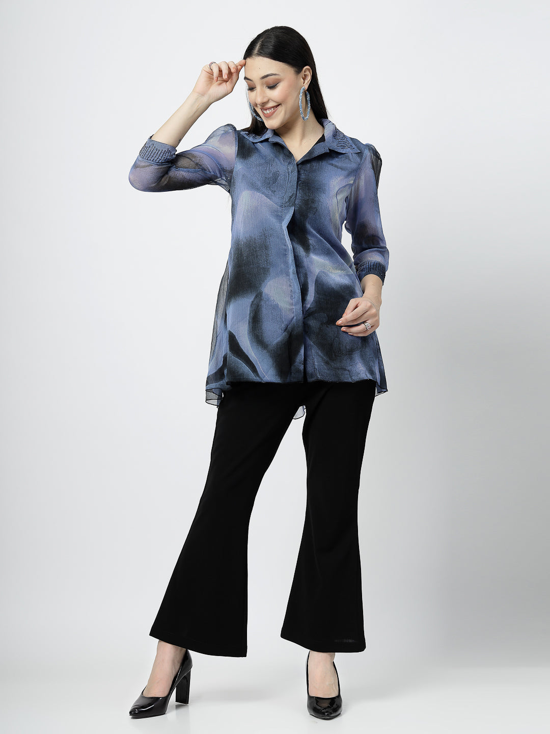 Elegant Embellished Shirt with Classic Black Bootcut Pants - Cosmic Trio