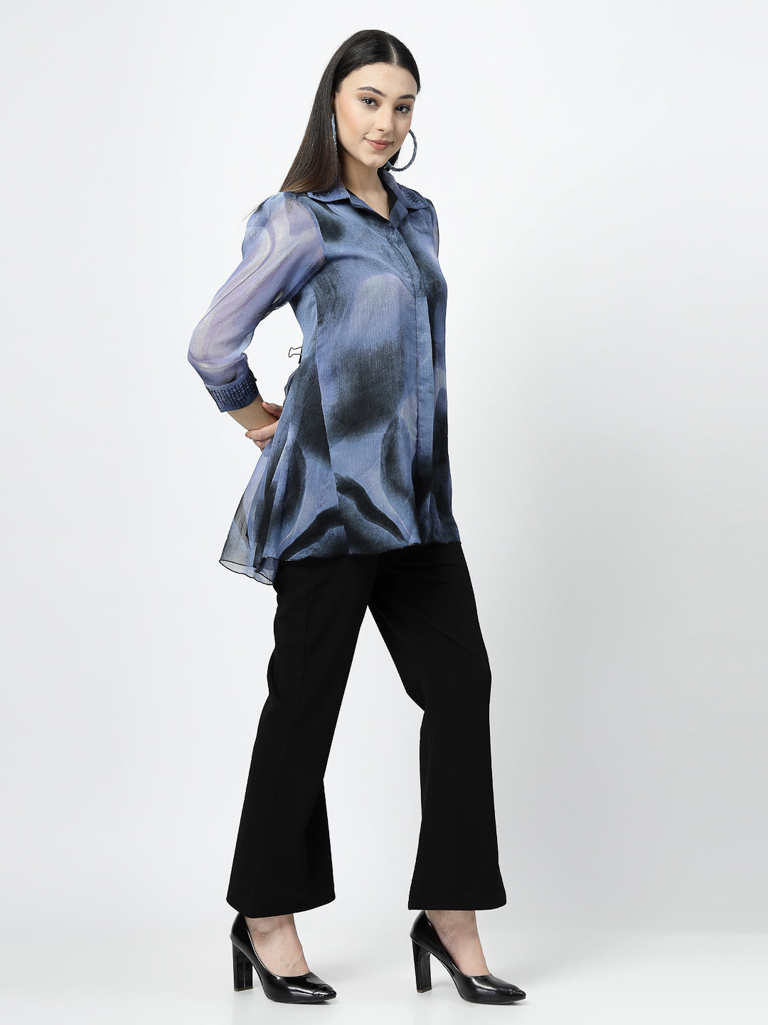 Elegant Embellished Shirt with Classic Black Bootcut Pants - Cosmic Trio