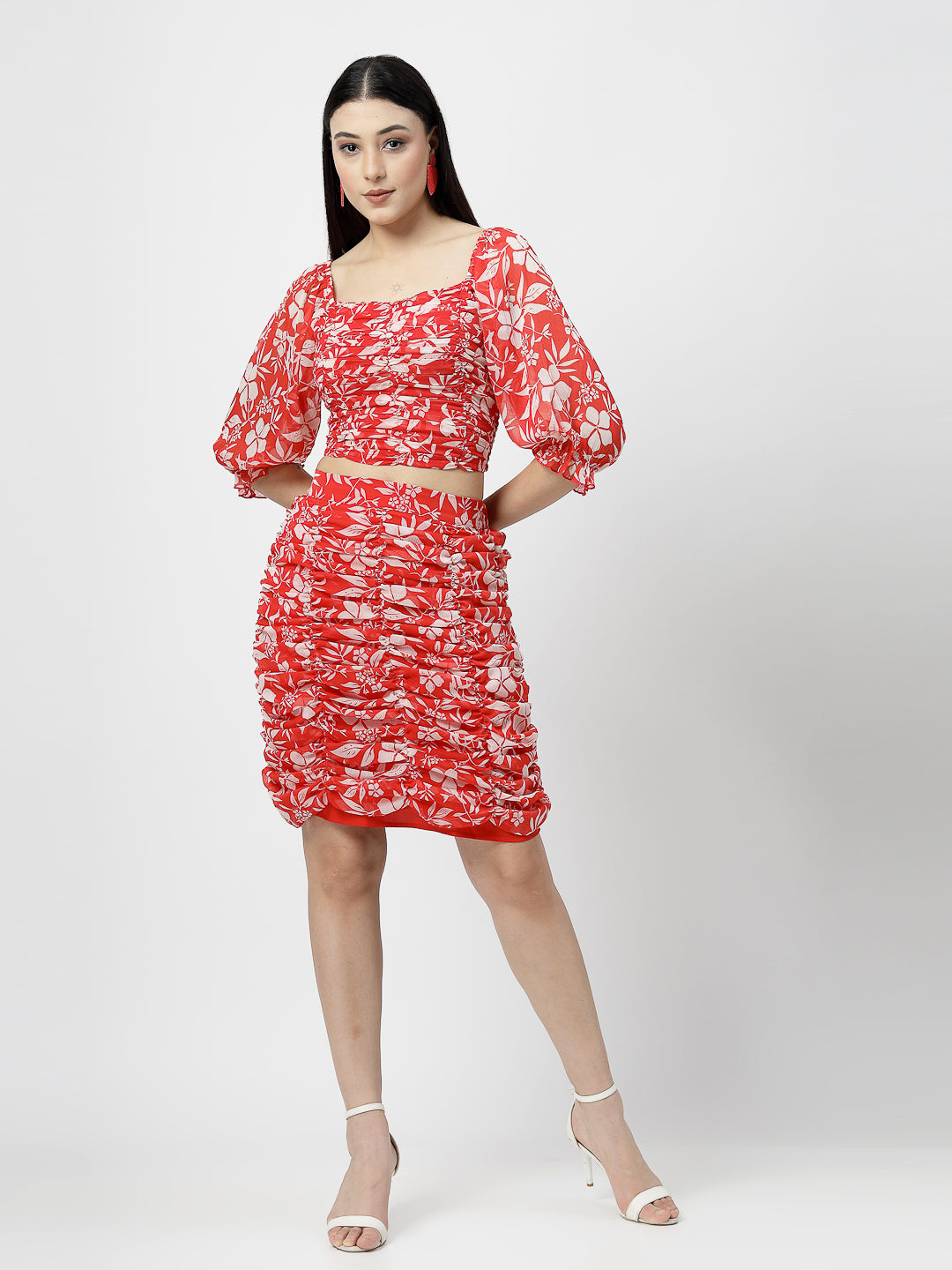 Floral Delight Sweetheart Neck Top & Rushing Skirt Set - Cosmic Trio