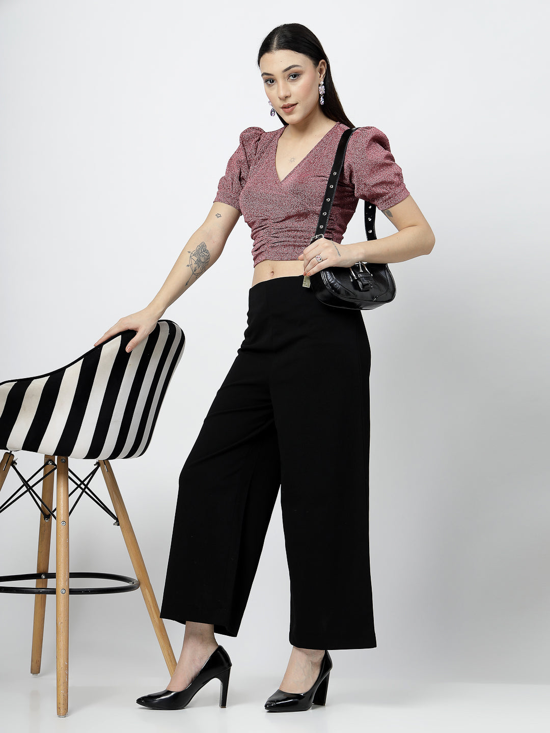 Fuchsia Front Wrap with Ruching Top and Black Pant - Cosmic Trio