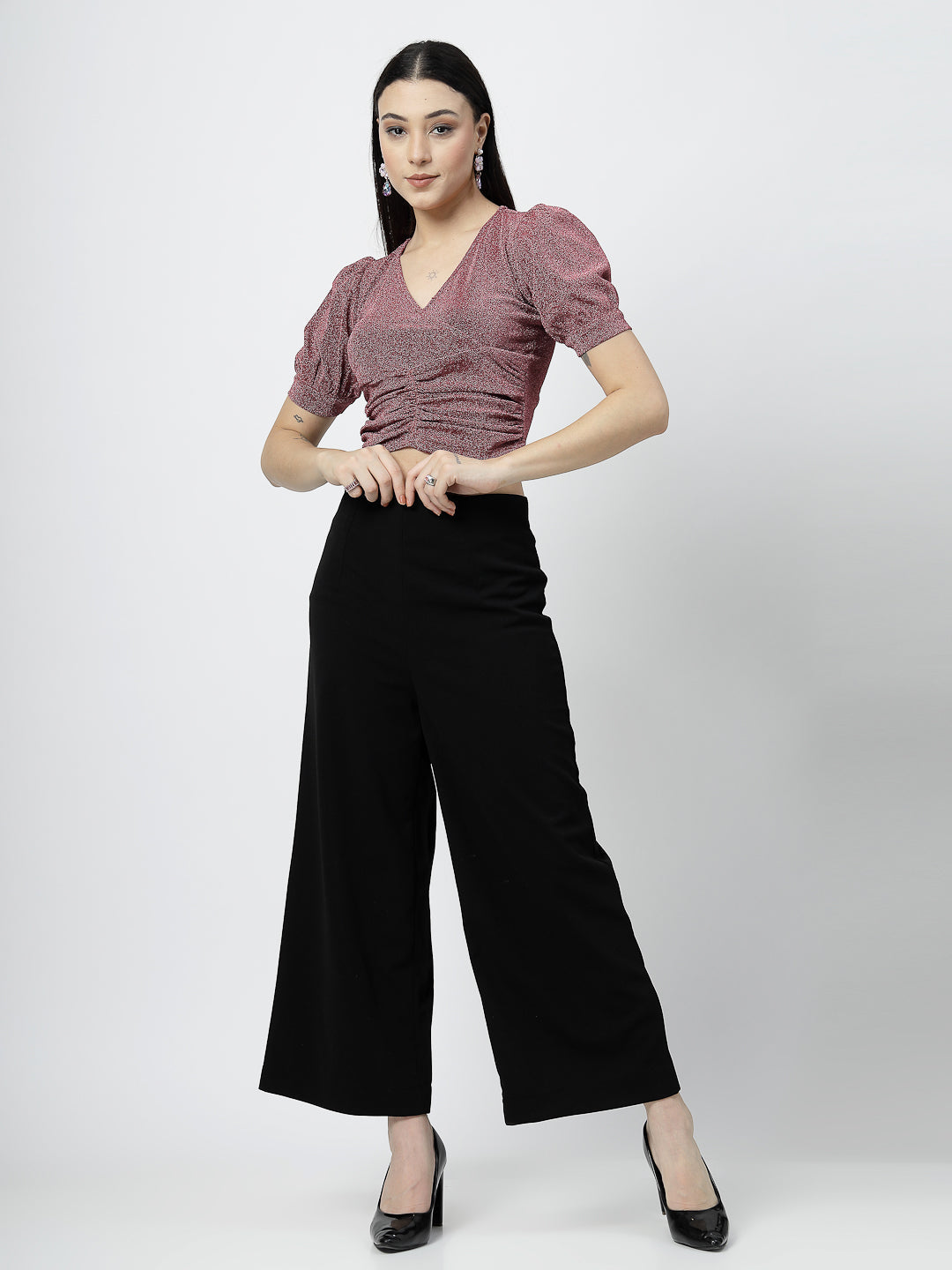 Fuchsia Front Wrap with Ruching Top and Black Pant - Cosmic Trio