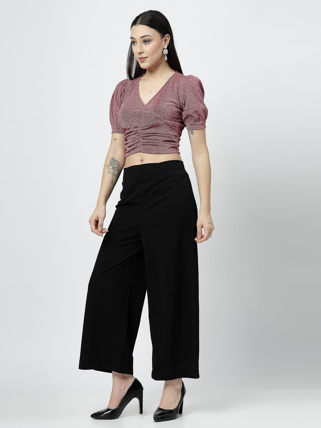 Fuchsia Front Wrap with Ruching Top and Black Pant - Cosmic Trio