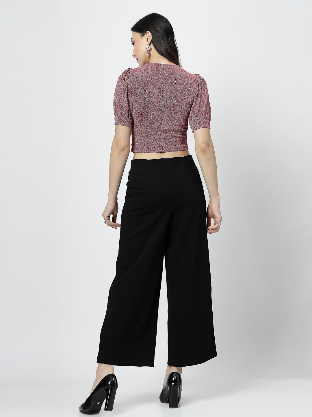 Fuchsia Front Wrap with Ruching Top and Black Pant - Cosmic Trio