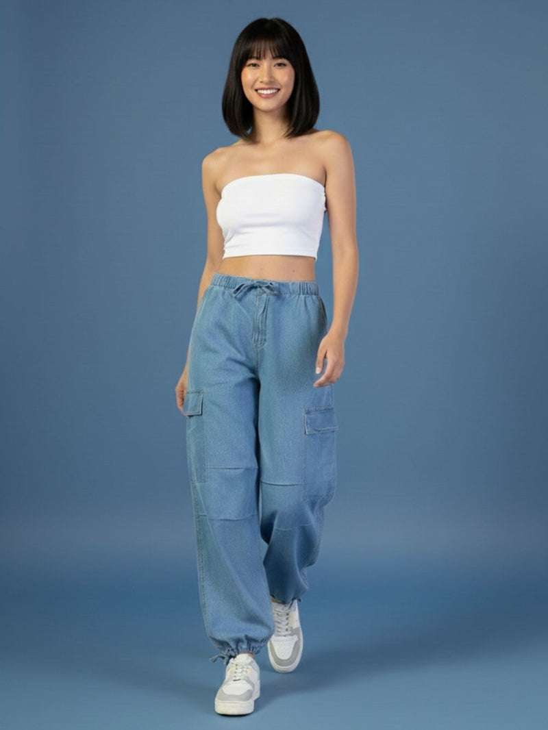 LT-BLUE Denim Cargo Jeans for Women – Regular Fit | Casual Mid-Rise Jeans