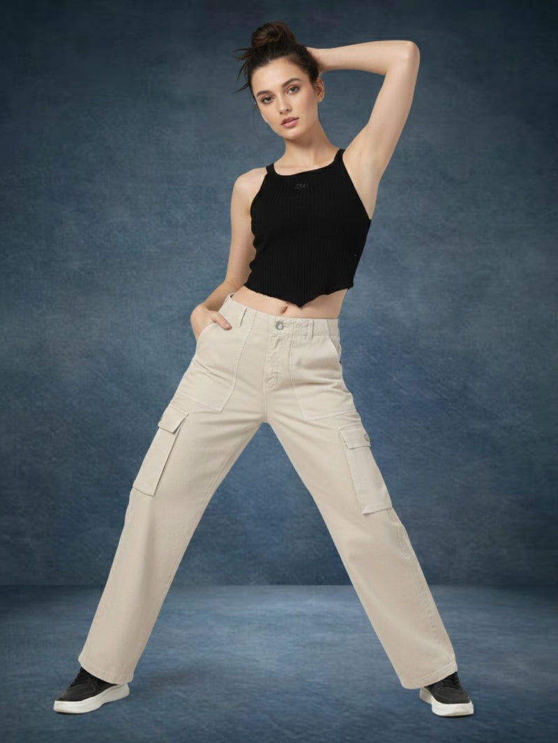 Beige Cotton Straight Fit Cargo Pants Women