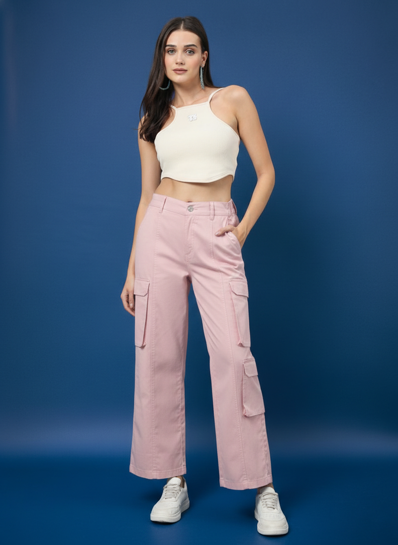 Pink Cotton Loose Fit Cargo Pants Women