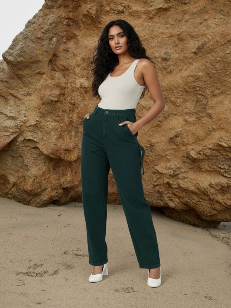 Teal Green Cotton Loose Fit Cargo Denim Pants Women