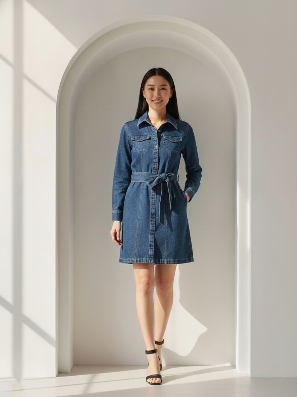 Mid Blue Denim Shirt Dress for Women Smart Casual Wear Mid Blue Denim Shirt Dress for Women Smart Casual Wear