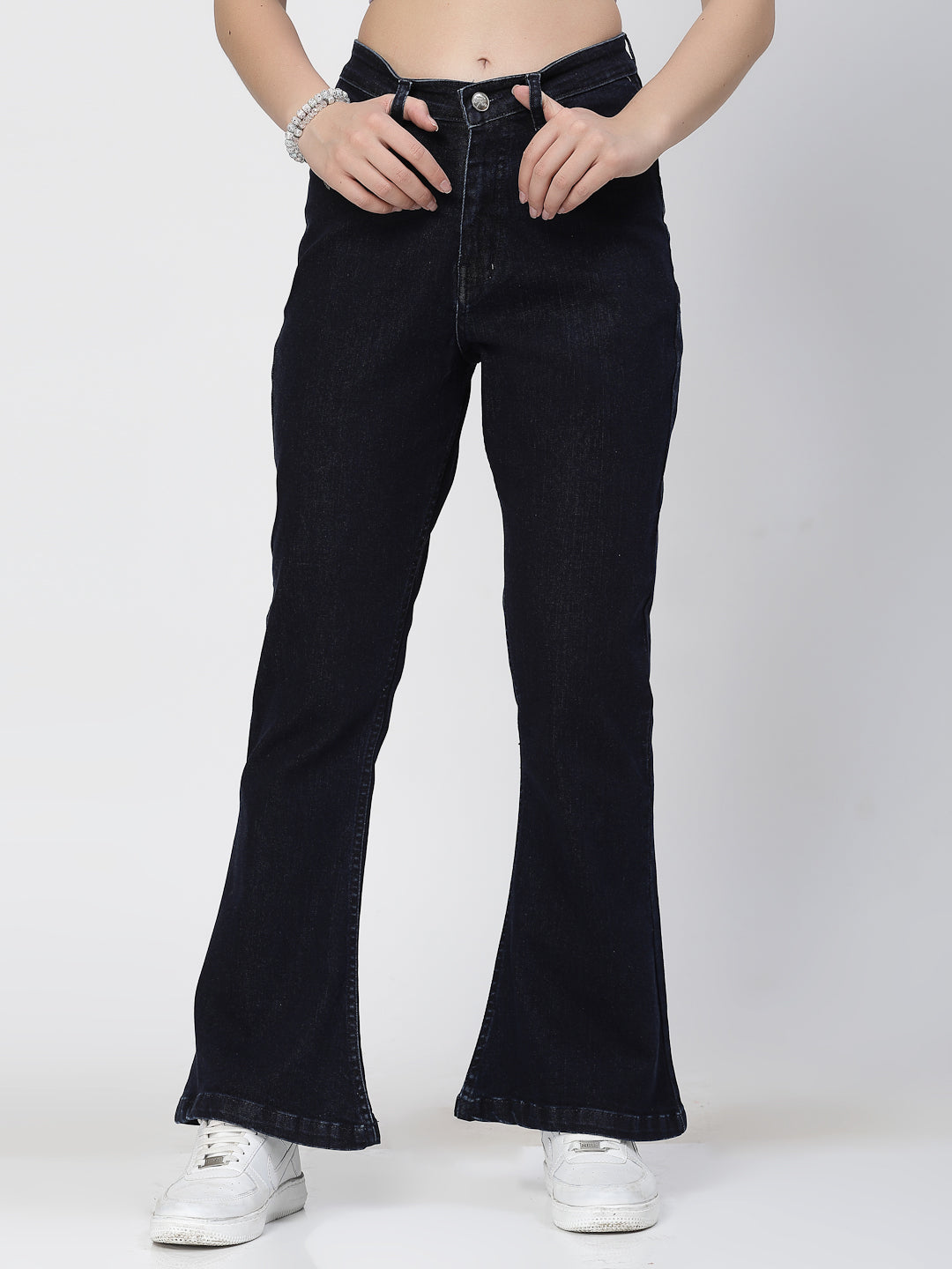 Bootcut Dark Indigo Cotton Blend Denim Solid Jeans - Cosmic Trio