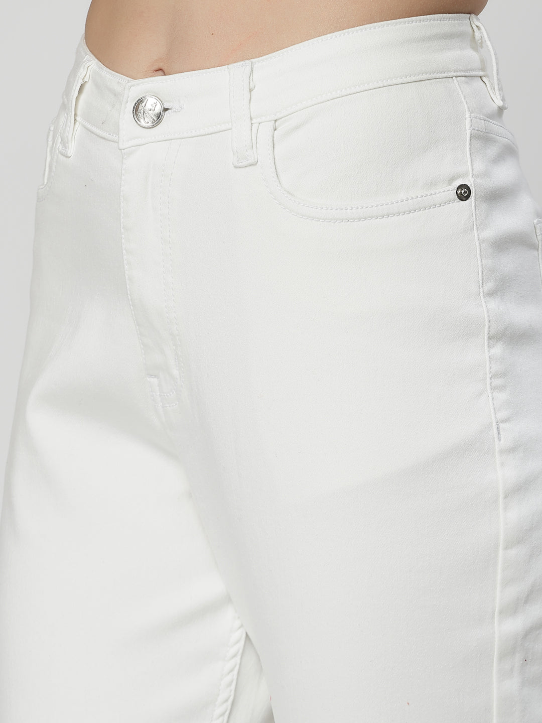 Bootcut White Cotton Blend Denim Plain Jeans For Women - Cosmic Trio