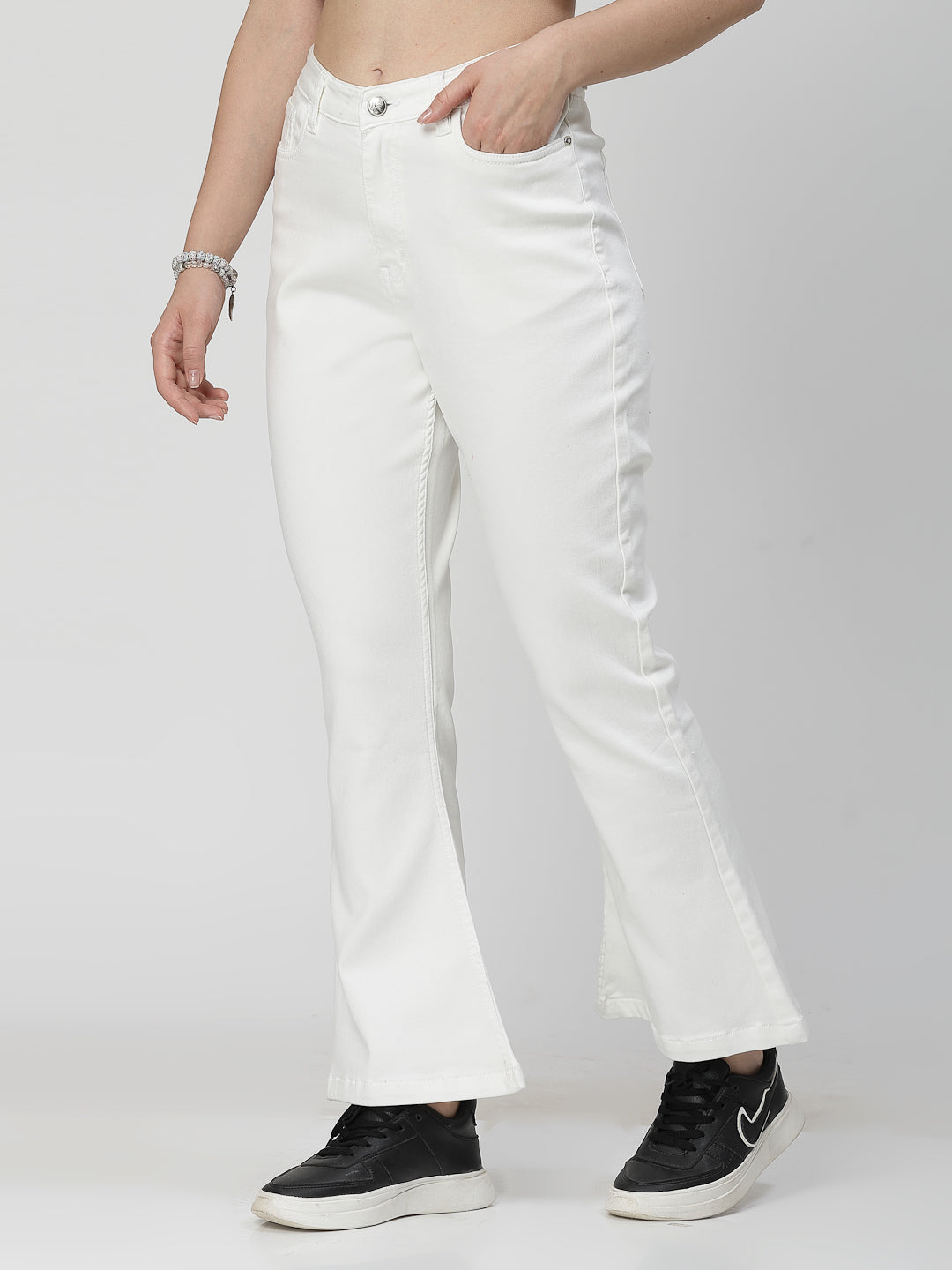 Bootcut White Cotton Blend Denim Plain Jeans For Women - Cosmic Trio