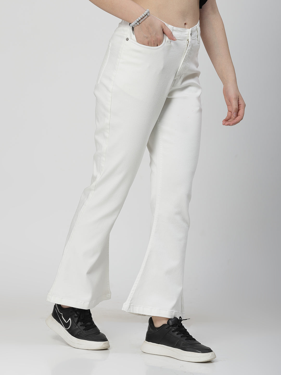 Bootcut White Cotton Blend Denim Plain Jeans For Women - Cosmic Trio