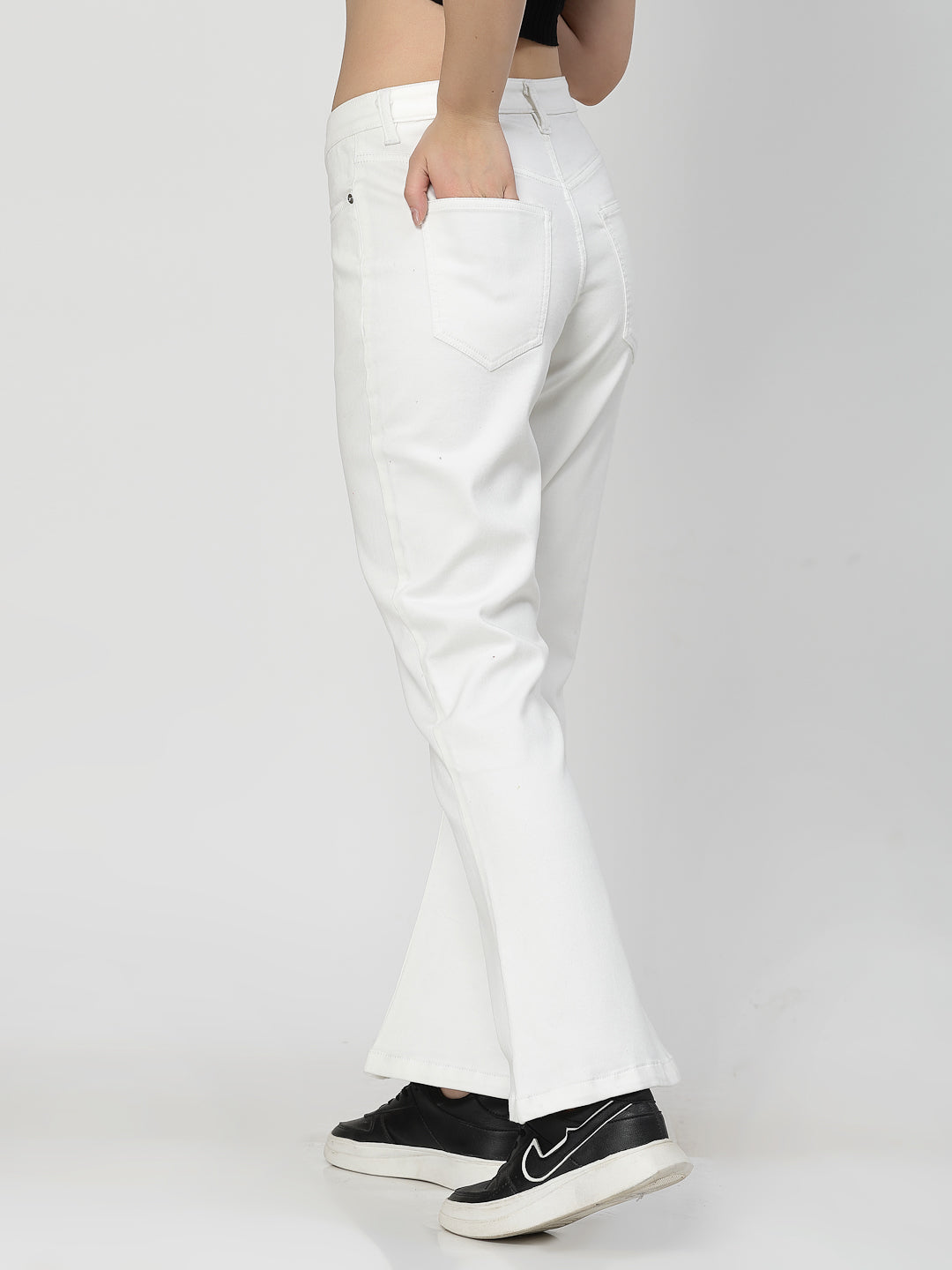 Bootcut White Cotton Blend Denim Plain Jeans For Women - Cosmic Trio