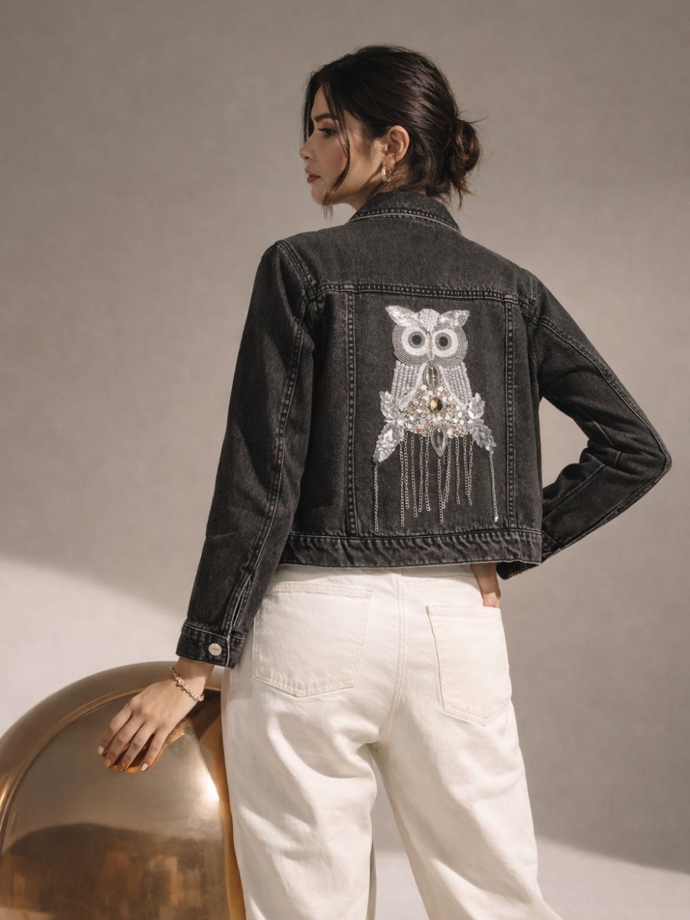 Women’s Black Washed Cropped Embellishment Denim Jacket