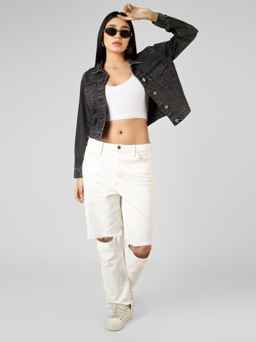 Women’s Black Washed Cropped Embellishment Denim Jacket