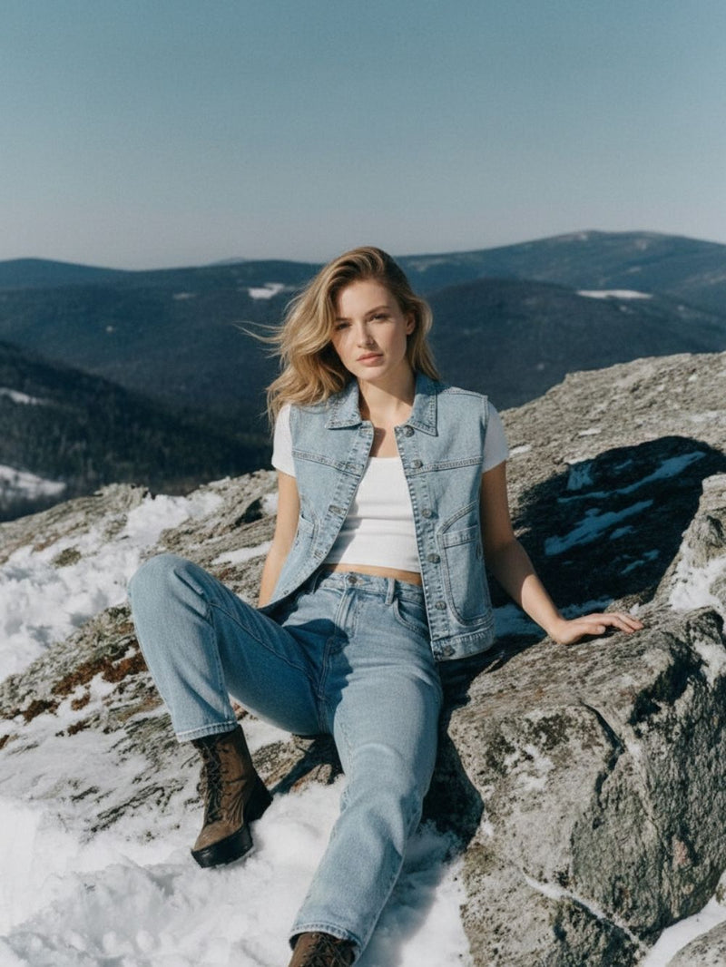 Light Blue Sleeveless Loose Fit Denim Jacket Women