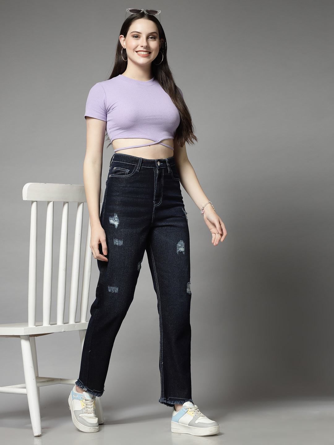 Straight Fit Dark Indigo Cotton Denim Distressed Jeans For Women - Cosmic Trio