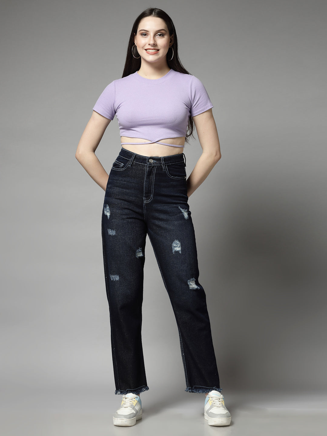 Straight Fit Dark Indigo Cotton Denim Distressed Jeans For Women - Cosmic Trio