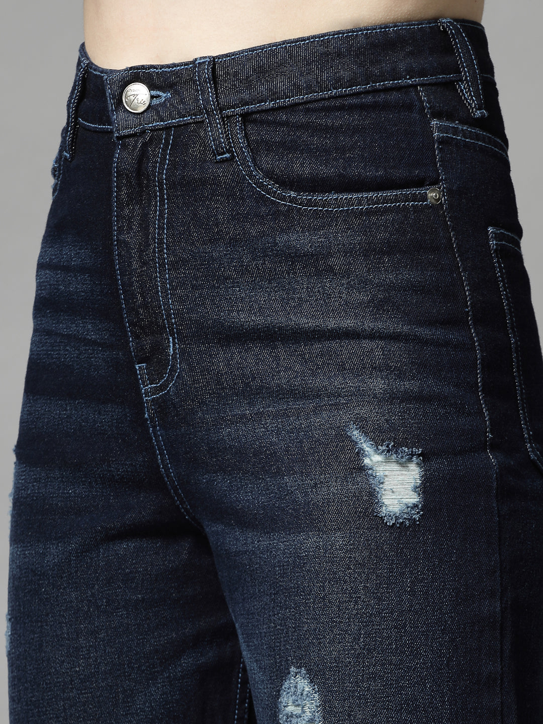 Straight Fit Dark Indigo Cotton Denim Distressed Jeans For Women - Cosmic Trio